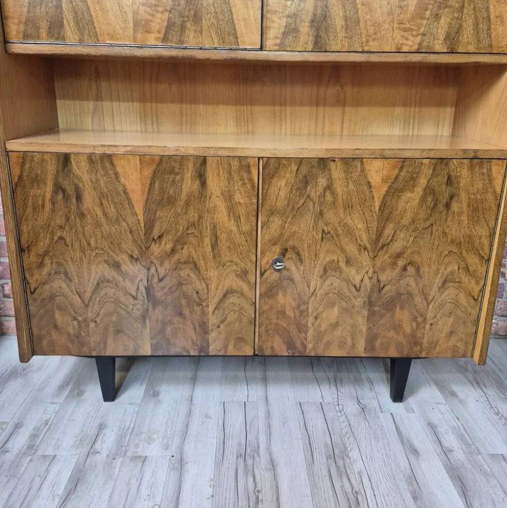 Restored Mid-Century Tapered Highboard Bar Cabinet in Walnut & Mahogany