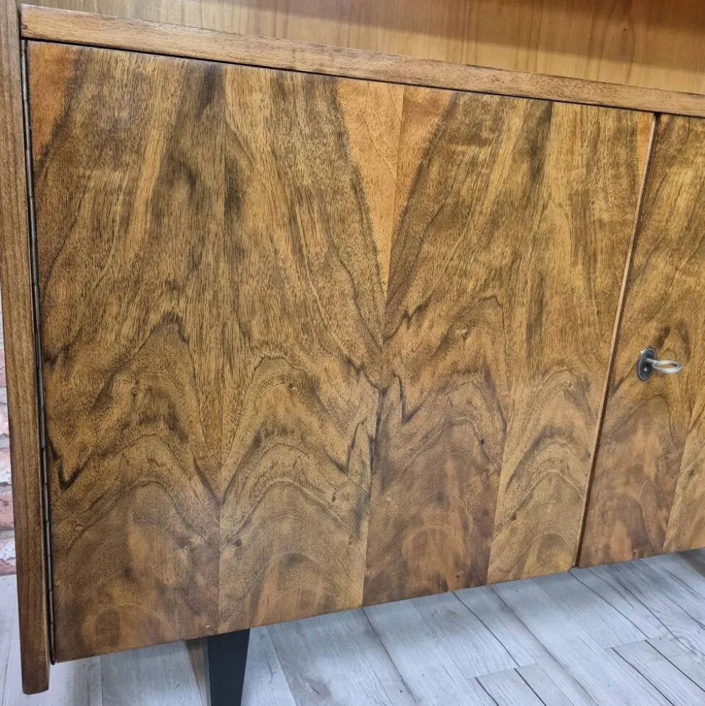 Restored Mid-Century Tapered Highboard Bar Cabinet in Walnut & Mahogany