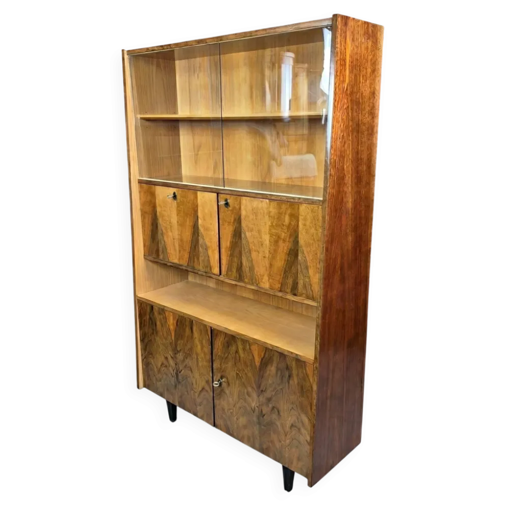 Restored Mid-Century Tapered Highboard Bar Cabinet in Walnut & Mahogany