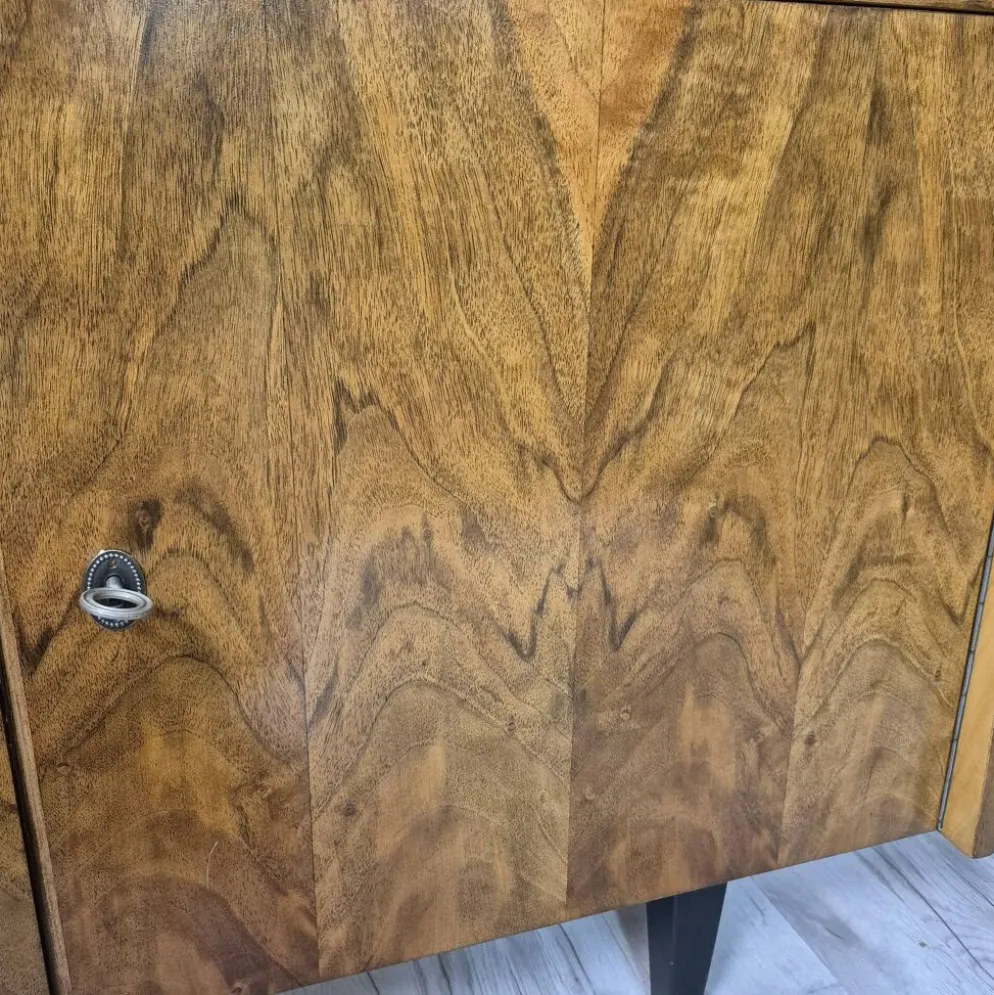 Restored Mid-Century Tapered Highboard Bar Cabinet in Walnut & Mahogany