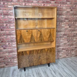 Restored Mid-Century Tapered Highboard Bar Cabinet in Walnut & Mahogany
