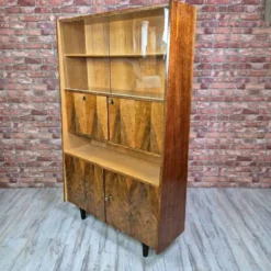 Restored Mid-Century Tapered Highboard Bar Cabinet in Walnut & Mahogany