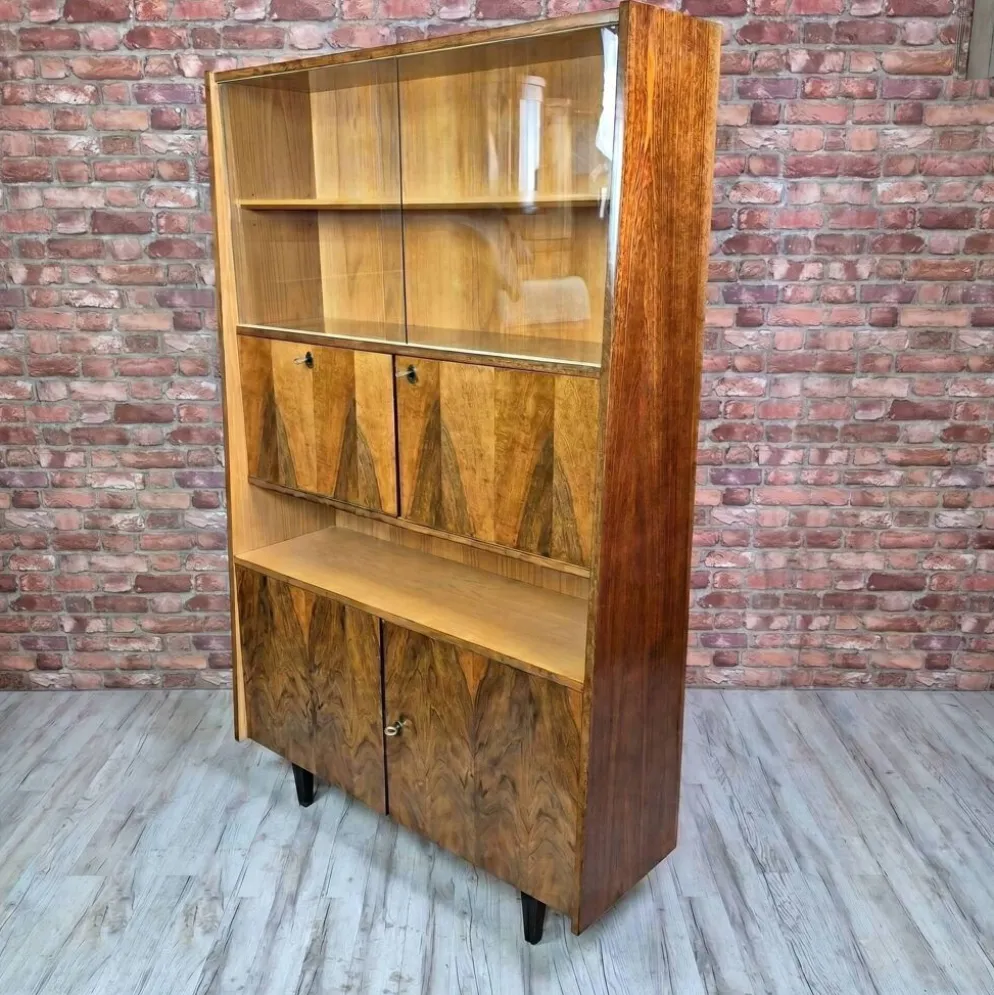 Restored Mid-Century Tapered Highboard Bar Cabinet in Walnut & Mahogany
