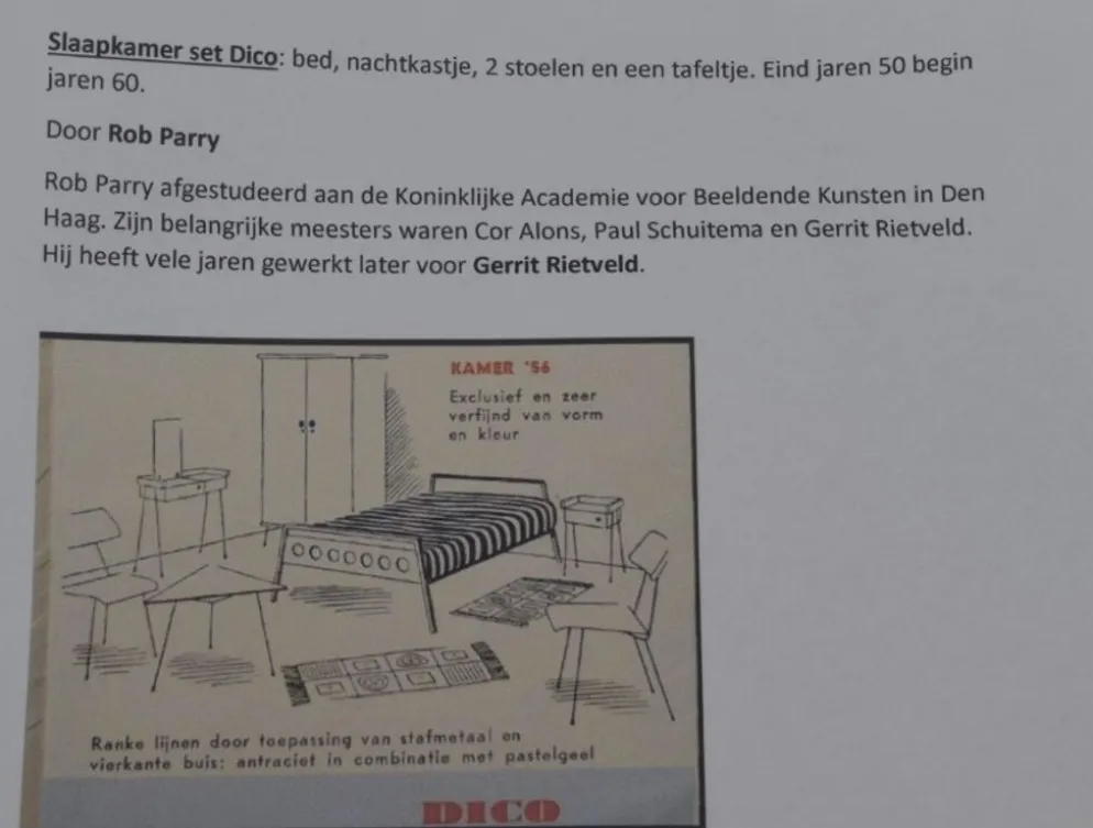Rob Parry et Emile Truijen Lit, chaise et table de chevet pour la série Dico « Kamer 56 », années 1950