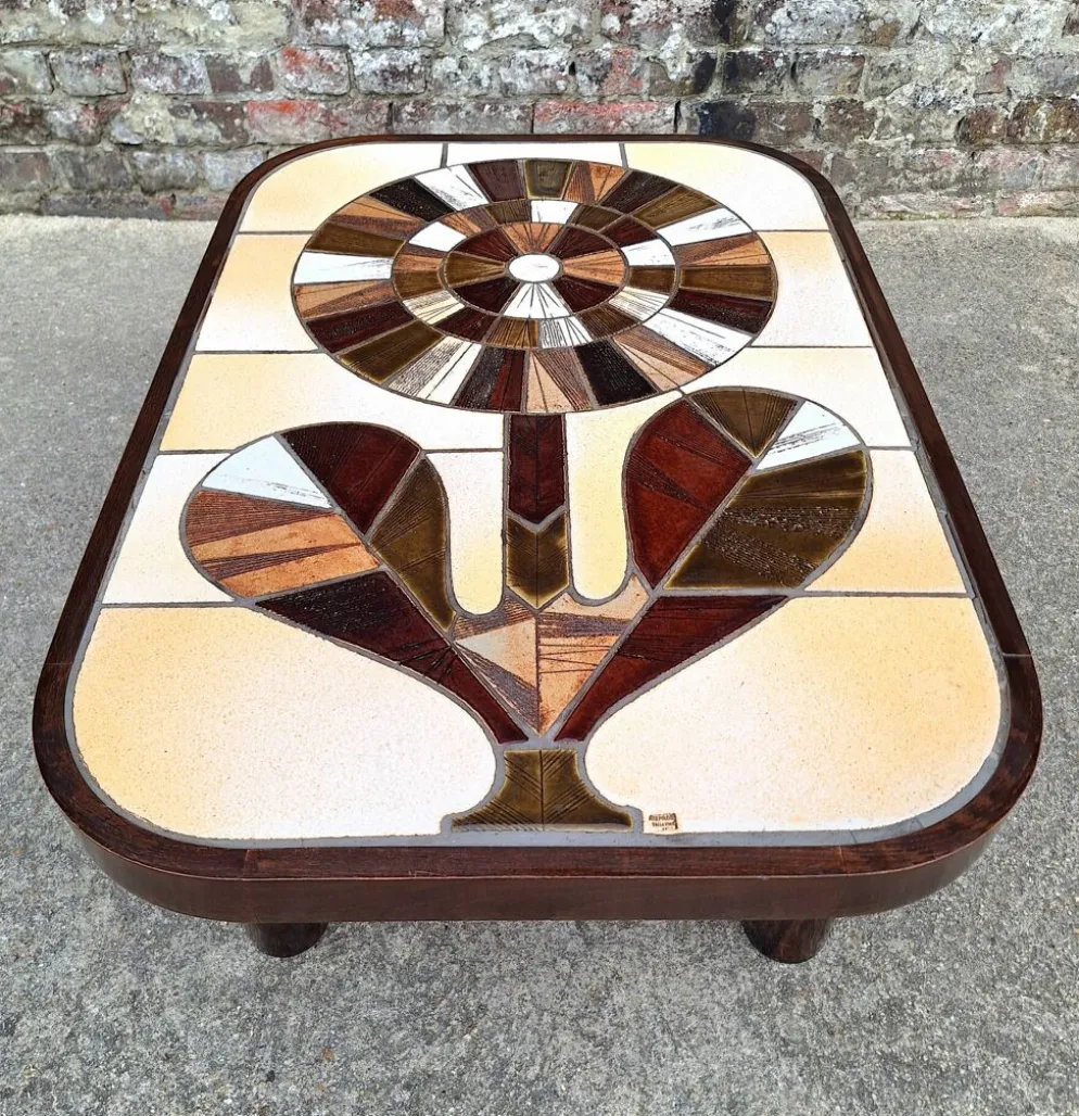 Roger Capron, table basse vintage avec plateau céramique, meuble desig