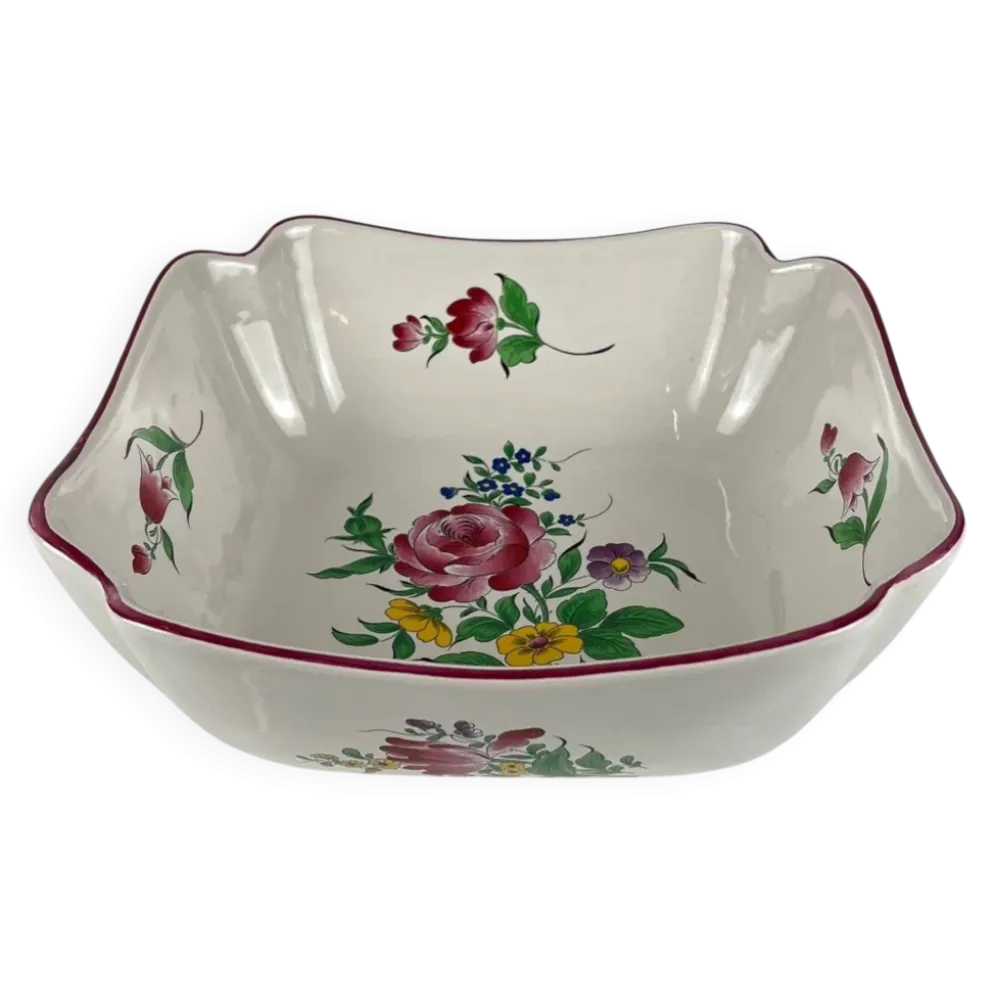 Saladier carré, modèle réverbère par KG Lunéville, motif rose
