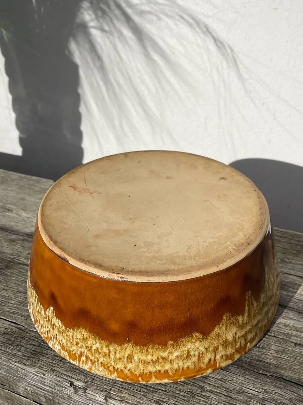 Saladier en céramique à glaçure coulures beige 1970 poterie a