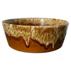 Saladier en céramique à glaçure coulures beige 1970 poterie a