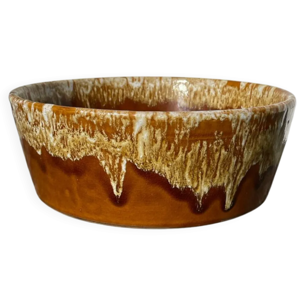 Saladier en céramique à glaçure coulures beige 1970 poterie a