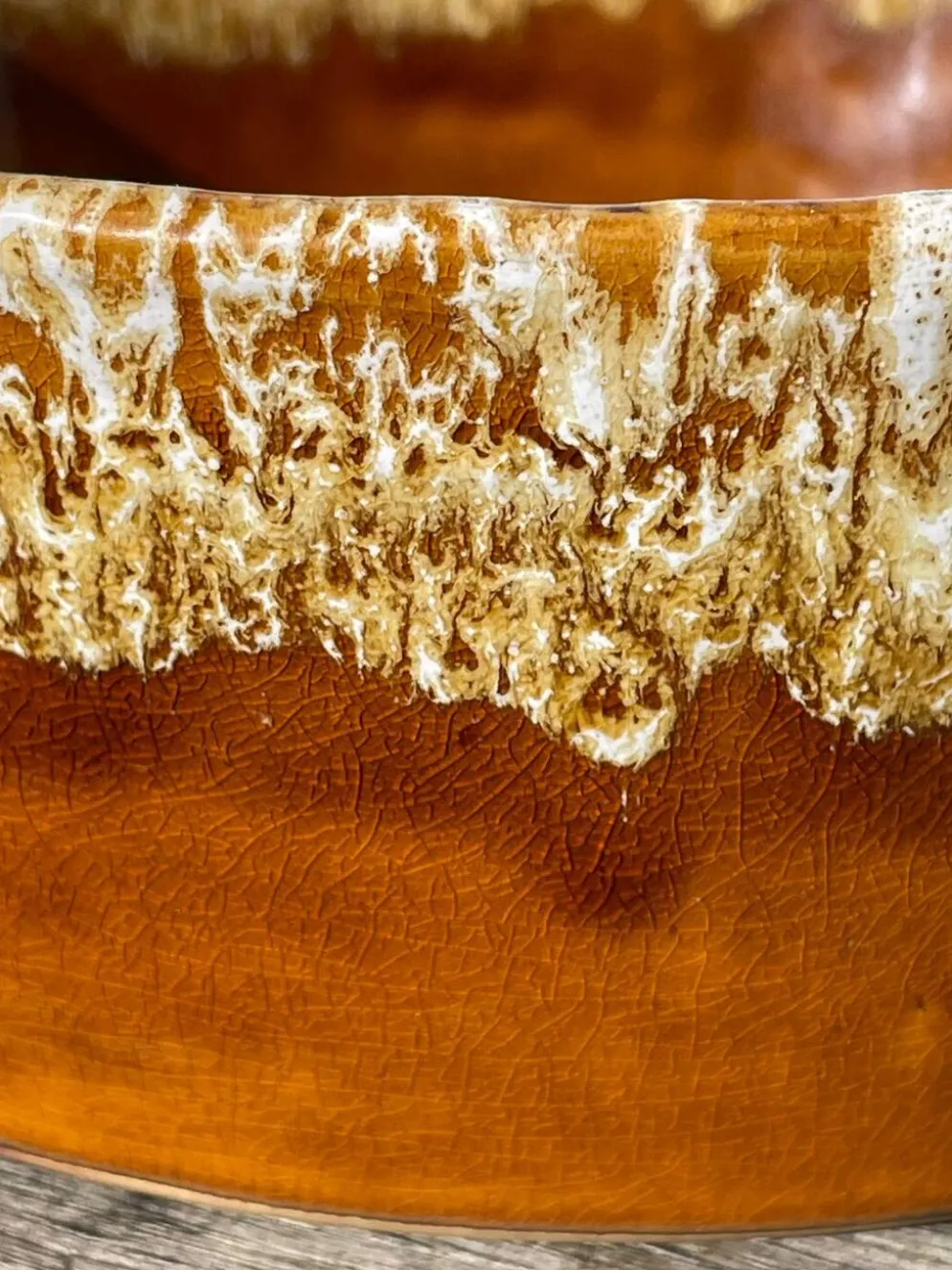 Saladier en céramique à glaçure coulures beige 1970 poterie a