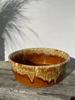 Saladier en céramique à glaçure coulures beige 1970 poterie a