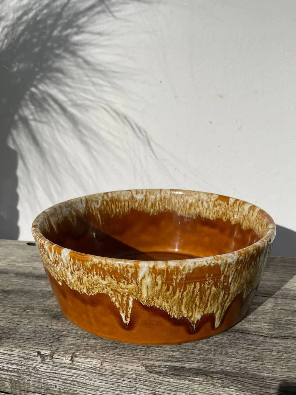 Saladier en céramique à glaçure coulures beige 1970 poterie a