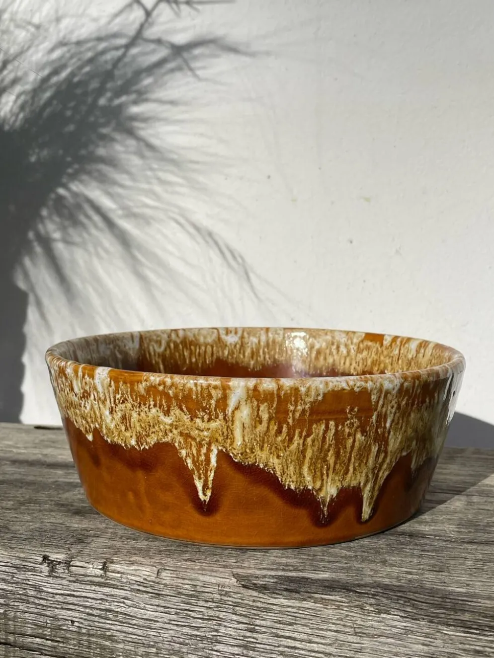 Saladier en céramique à glaçure coulures beige 1970 poterie a