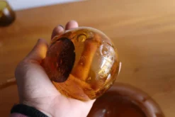Saladier et louche BIOT verre bullé soufflé ambré vintage