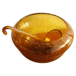 Saladier et louche BIOT verre bullé soufflé ambré vintage