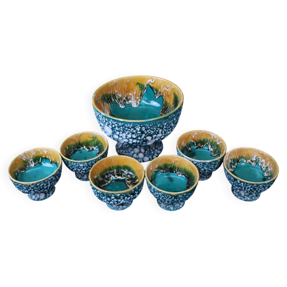 Saladier et ses 6 coupelles Lava Vert style vallauris