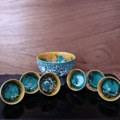 Saladier et ses 6 coupelles Lava Vert style vallauris