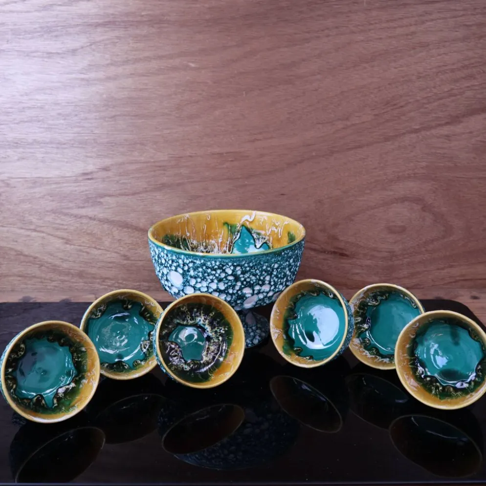 Saladier et ses 6 coupelles Lava Vert style vallauris