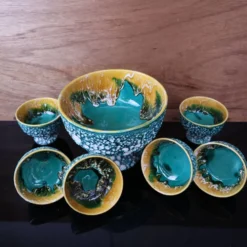 Saladier et ses 6 coupelles Lava Vert style vallauris