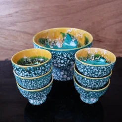 Saladier et ses 6 coupelles Lava Vert style vallauris