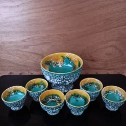Saladier et ses 6 coupelles Lava Vert style vallauris