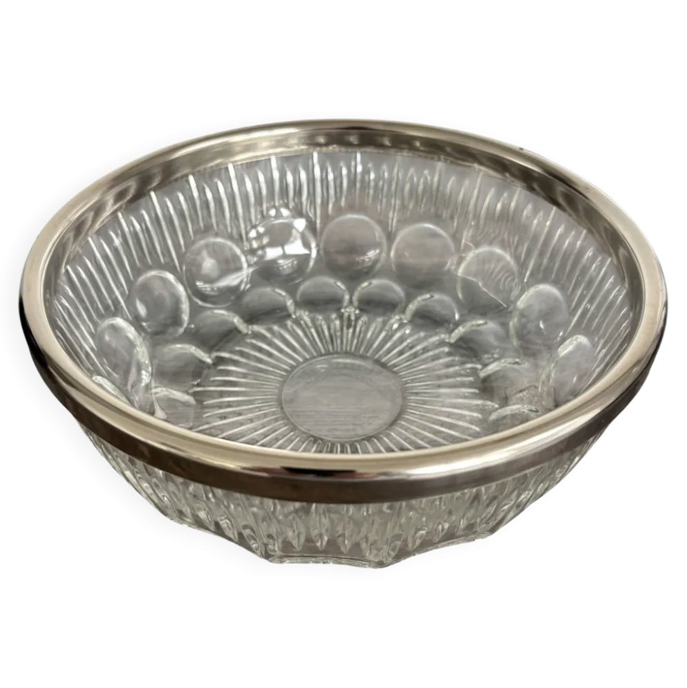 Saladier vintage en cristal moulé et métal argenté