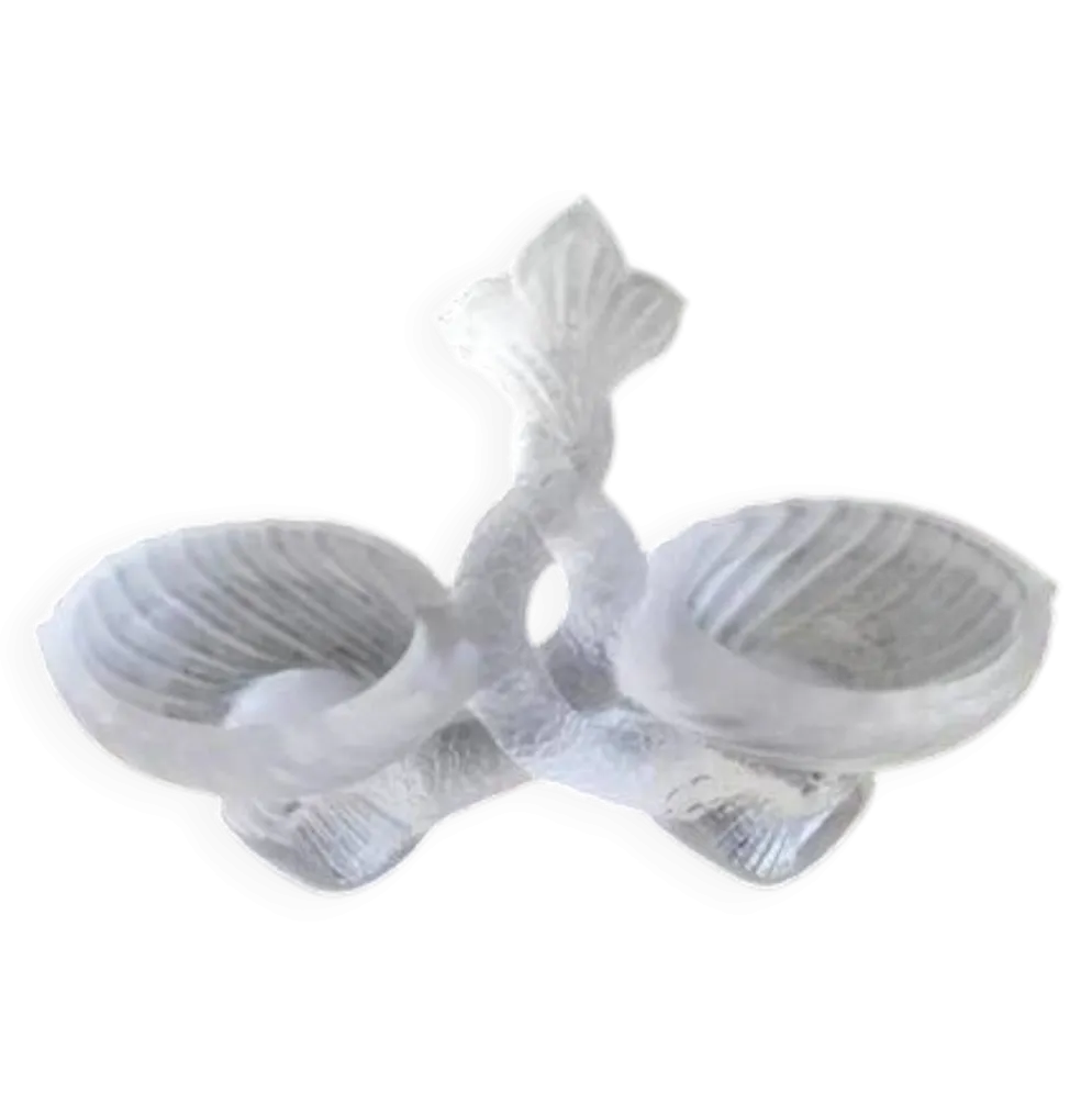 Saleron double forme, poissons entrelacés en verre opaque blanc