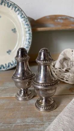 Salière et poivrière en métal argenté , godron, décor perlé