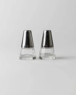 Salière et poivrière vintage - métal argenté et verre, forme conique - design minimal Italie années 1950 - décoration de table élégante, idée cadeau