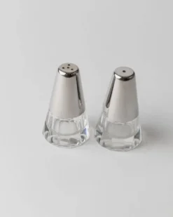 Salière et poivrière vintage - métal argenté et verre, forme conique - design minimal Italie années 1950 - décoration de table élégante, idée cadeau