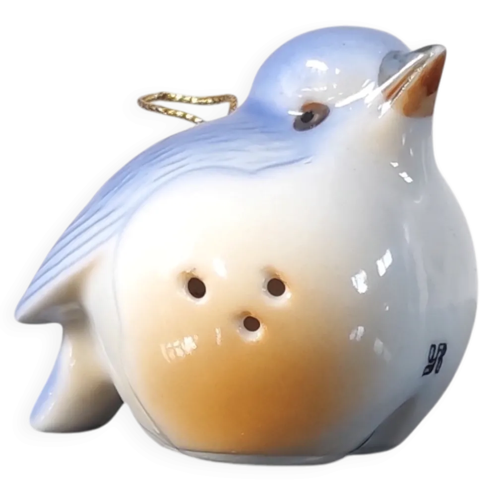 Salière vintage oiseau en porcelaine bleue et blanche