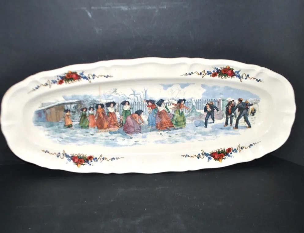Sarreguemines grand plat ovale Obernai la bataille de boule de neige H. Loux