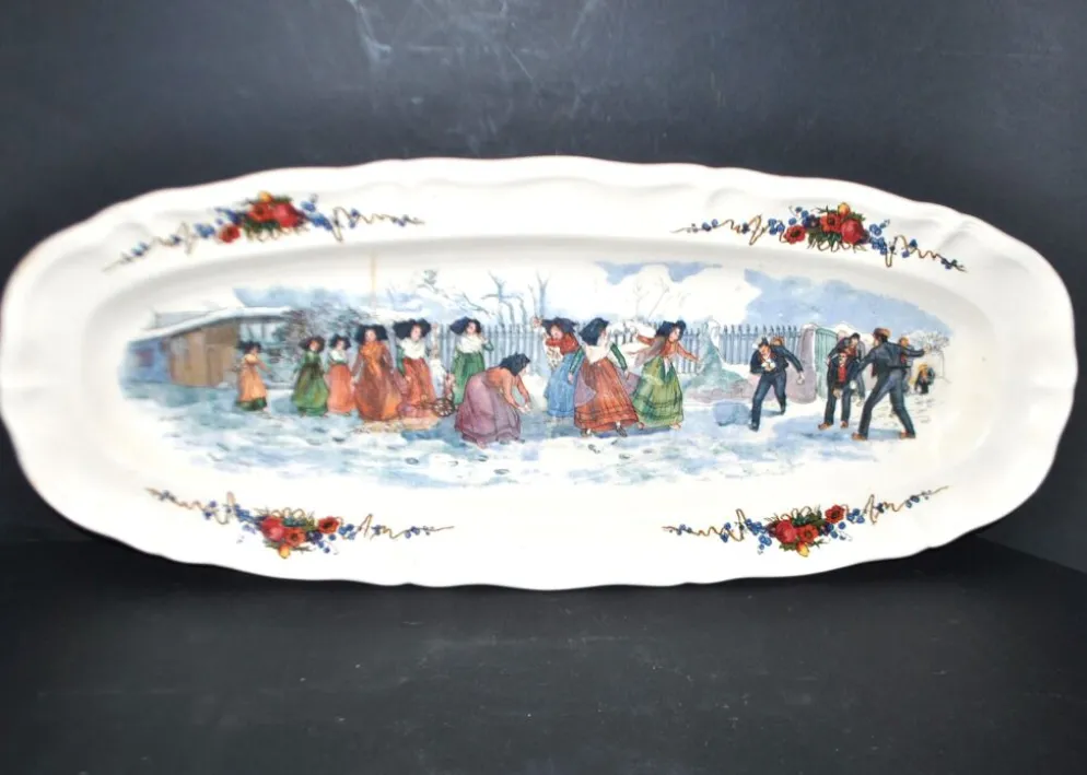 Sarreguemines grand plat ovale Obernai la bataille de boule de neige H. Loux