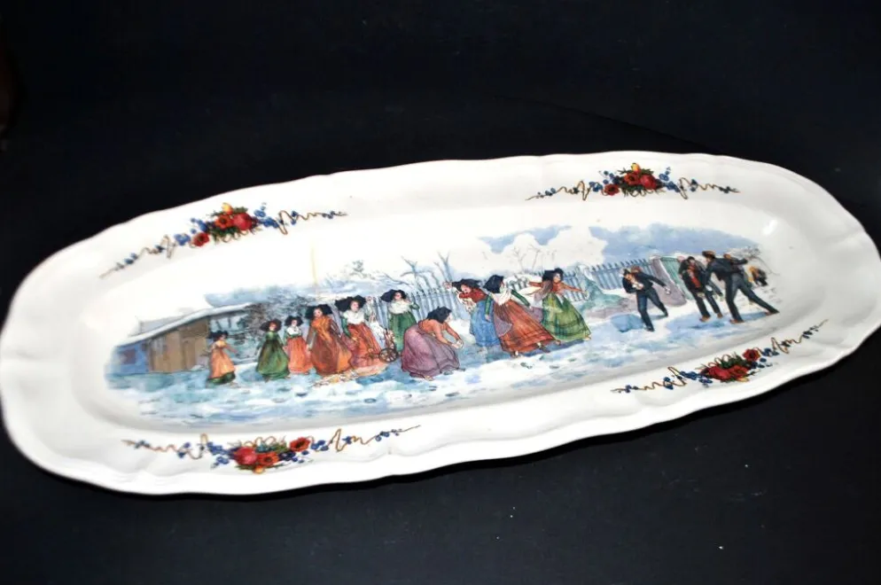 Sarreguemines grand plat ovale Obernai la bataille de boule de neige H. Loux