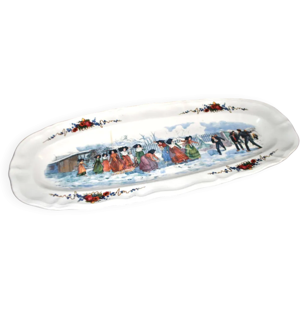 Sarreguemines grand plat ovale Obernai la bataille de boule de neige H. Loux