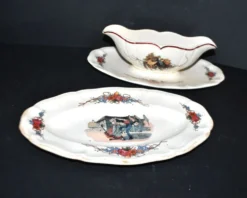 Sarreguemines lot saucière et ravier en faïence décor "Obernai" Henri Loux