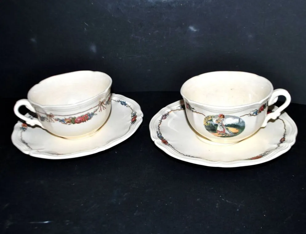 Sarreguemines lot 2 tasses déjeuner faïence obernai ganzeliese et noeud