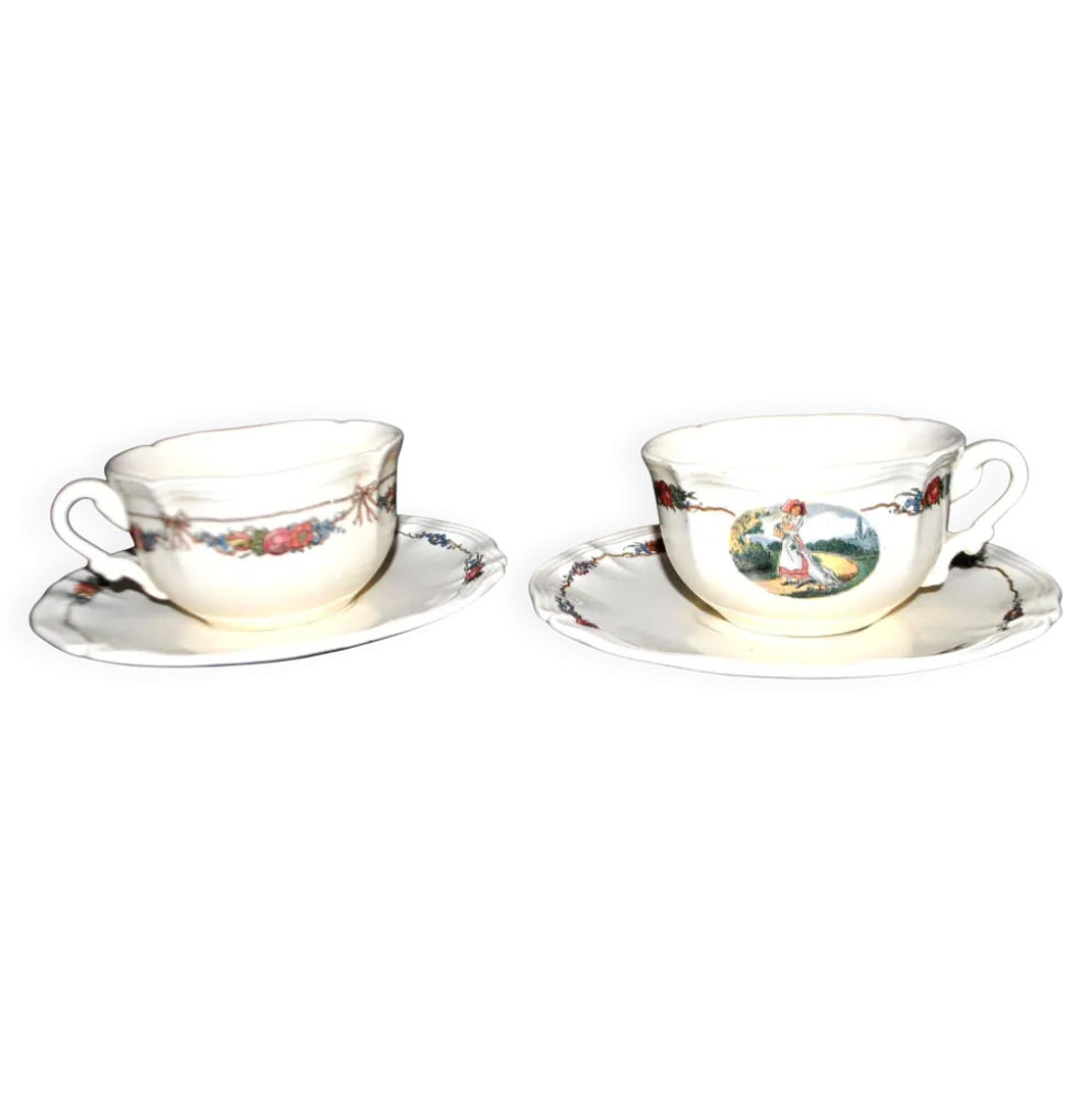 Sarreguemines lot 2 tasses déjeuner faïence obernai ganzeliese et noeud