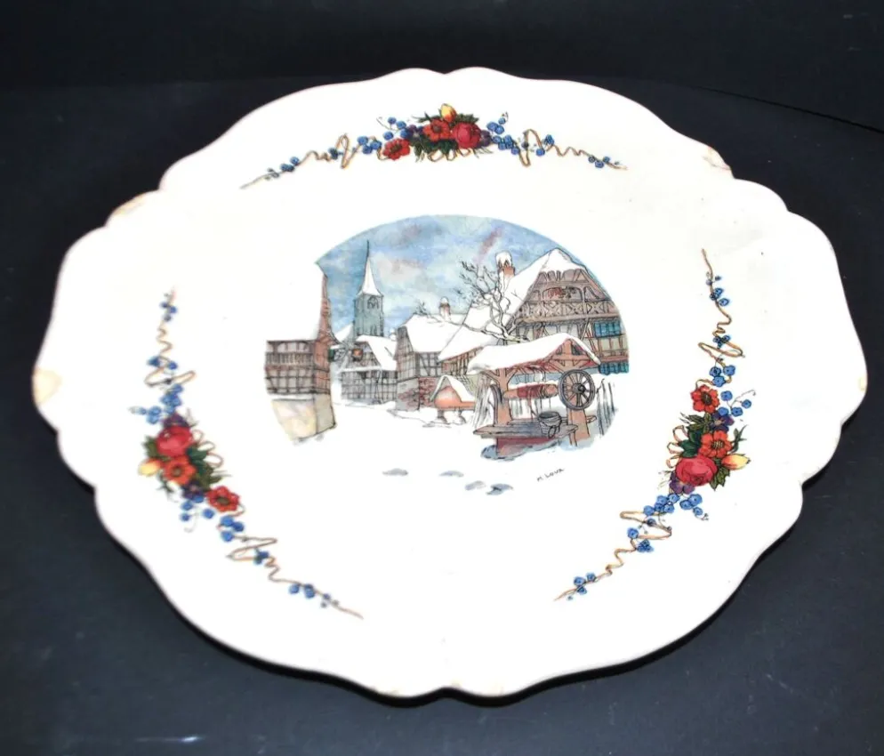 Sarreguemines plat chantourné obernai faïence décor village sous la neige loux