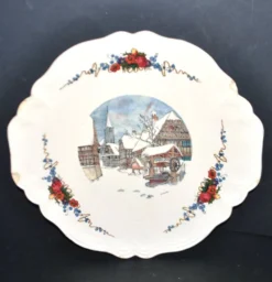 Sarreguemines plat chantourné obernai faïence décor village sous la neige loux