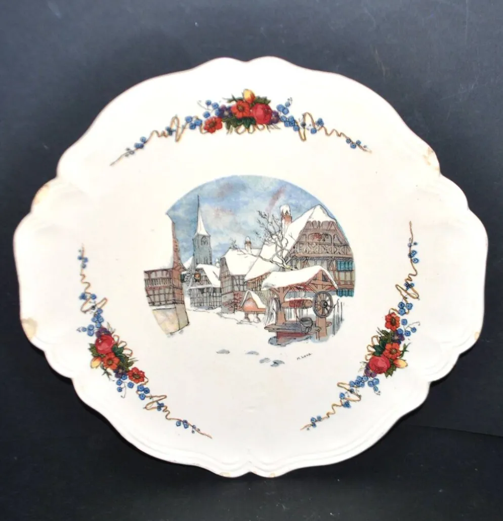 Sarreguemines plat chantourné obernai faïence décor village sous la neige loux