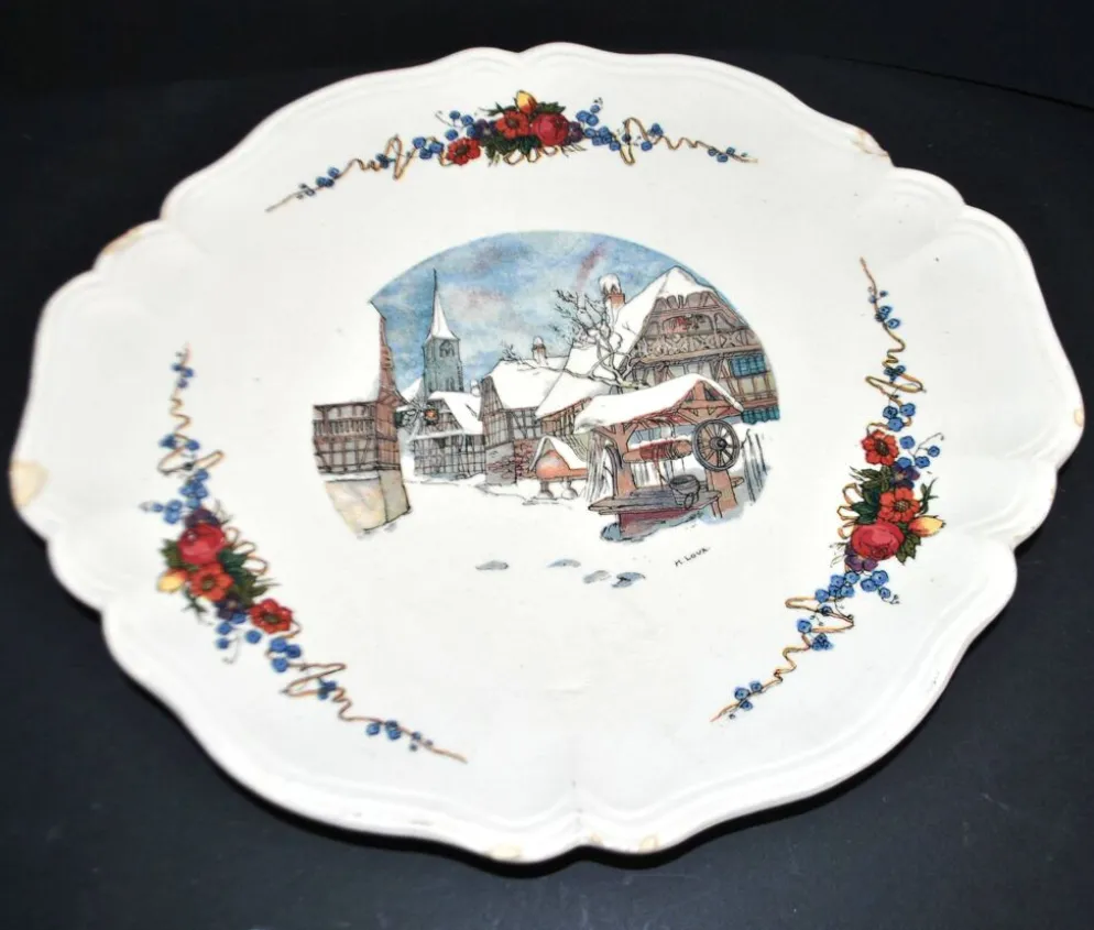 Sarreguemines plat chantourné obernai faïence décor village sous la neige loux