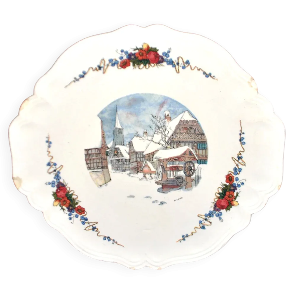 Sarreguemines plat chantourné obernai faïence décor village sous la neige loux