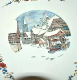 Sarreguemines plat chantourné obernai faïence décor village sous la neige loux