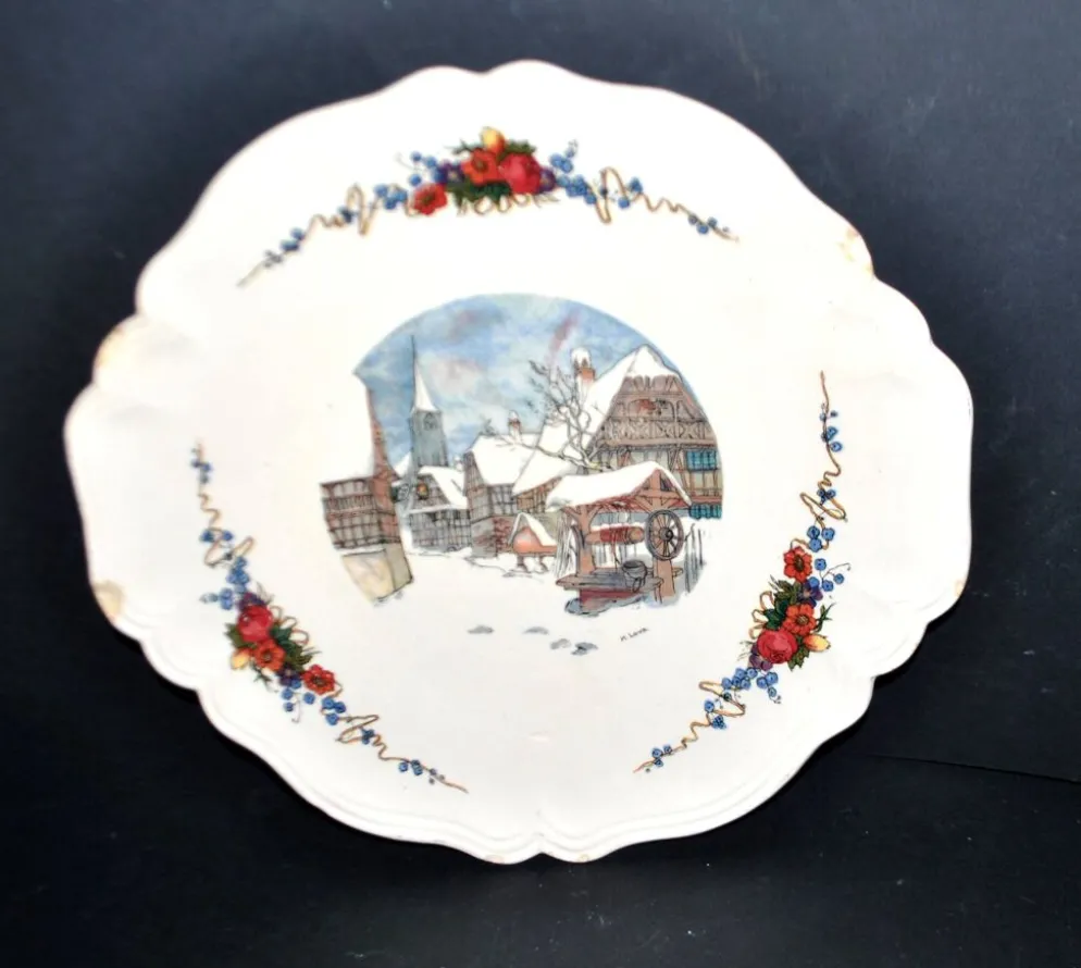 Sarreguemines plat chantourné obernai faïence décor village sous la neige loux