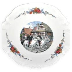 Sarreguemines plat Obernai chantourné en faïence décor cavaliers Alsace par Loux