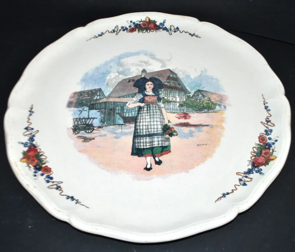 Sarreguemines plat à tarte en faïence Alsace décor "Obernai" Loux 34cm