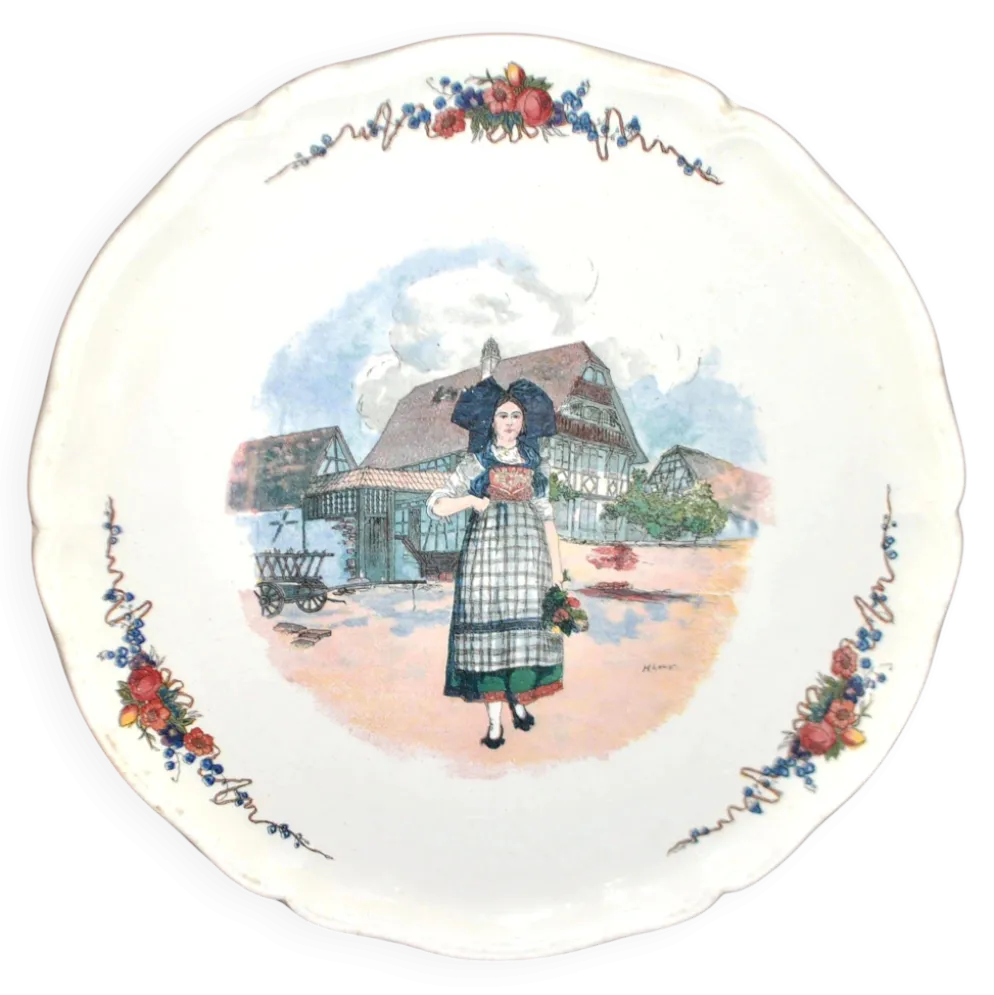 Sarreguemines plat à tarte en faïence Alsace décor "Obernai" Loux 34cm