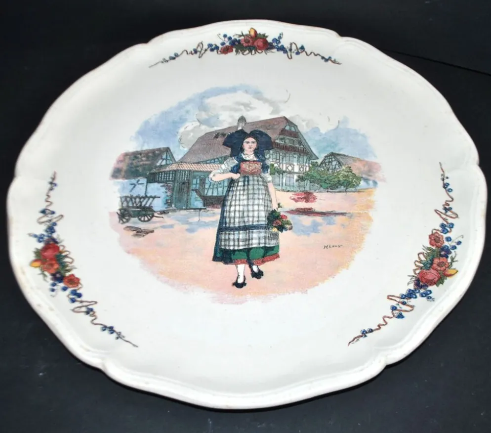 Sarreguemines plat à tarte en faïence Alsace décor "Obernai" Loux 34cm