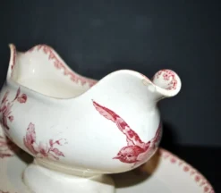 Sarreguemines saucière en faïence Favori rouge aux oiseaux